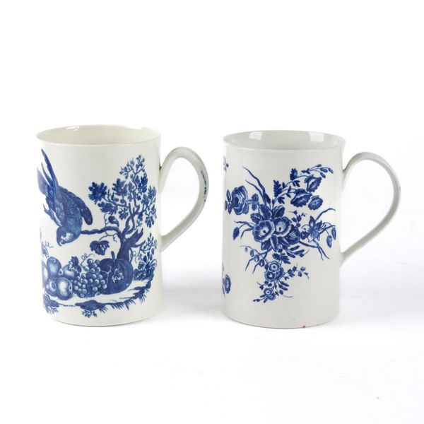 TWO WORCESTER BLUE AND WHITE CYLINDRICAL MUGS (2)