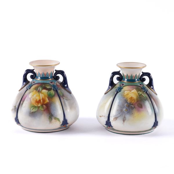 A PAIR OF SMALL HADLEY'S WORCESTER TWO-HANDLED VASES (2)