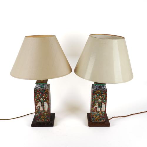 A PAIR OF SOUTH EAST ASIAN CERAMIC POLYCHROME TABLE LAMPS (2)