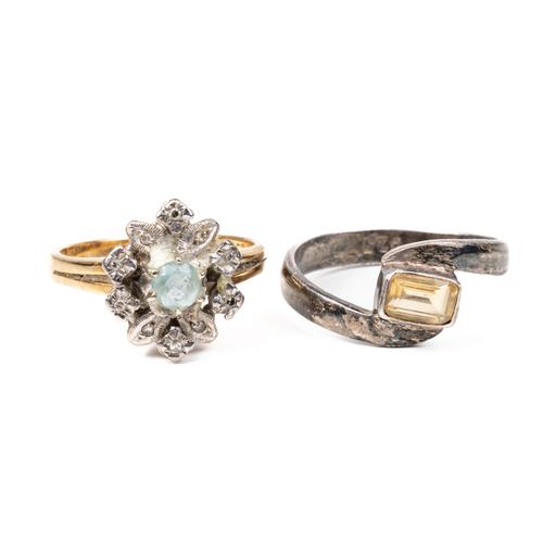 A GOLD, AQUAMARINE AND DIAMOND CLUSTER RING AND ANOTHER RING (2)