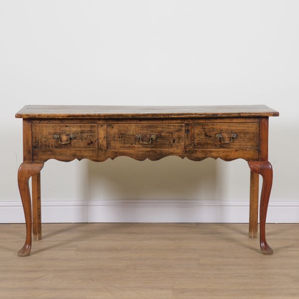 AN 18TH CENTURY STYLE FRUITWOOD THREE DRAWER DRESSER BASE