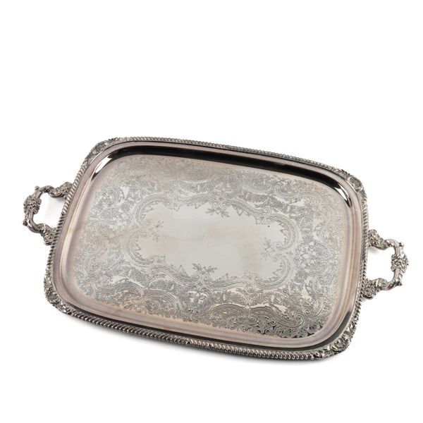 A PLATED TWIN HANDLED SHAPED RECTANGULAR TRAY