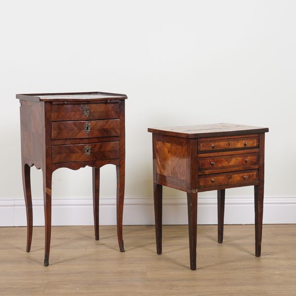 A 19TH CENTURY CONTINENTAL PARQUETRY INLAID WALNUT THREE DRAWER PETITE COMMODE (2)