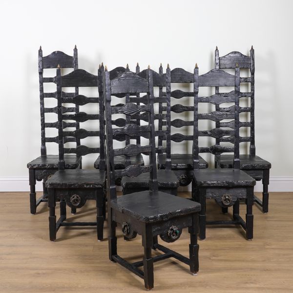 A SET OF EIGHT 20TH CENTURY MOROCCAN STAINED PINE HIGHBACK DINING CHAIRS (8)