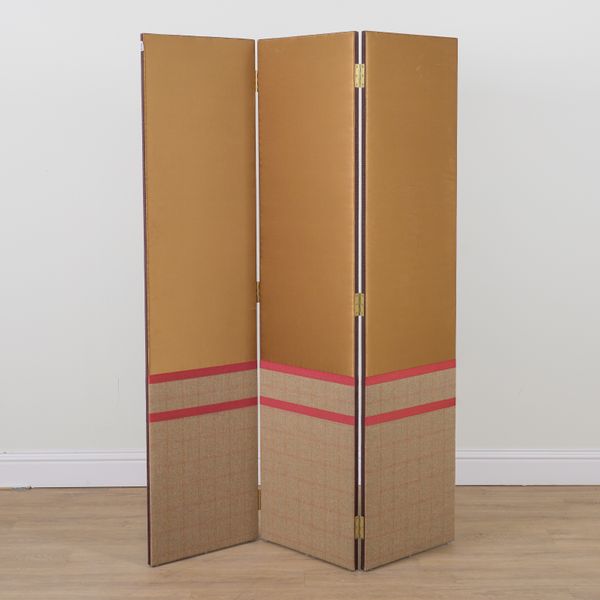 RALPH LAUREN; AN UPHOLSTERED THREE FOLD ROOM DIVIDER/ SCREEN