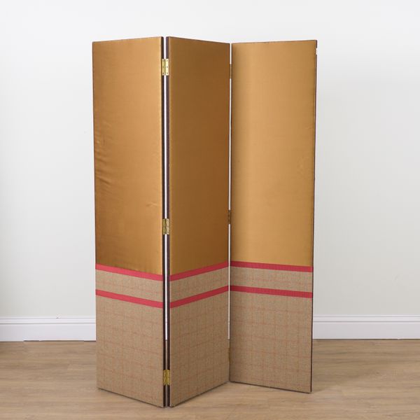 RALPH LAUREN; AN UPHOLSTERED THREE FOLD ROOM DIVIDER/ SCREEN