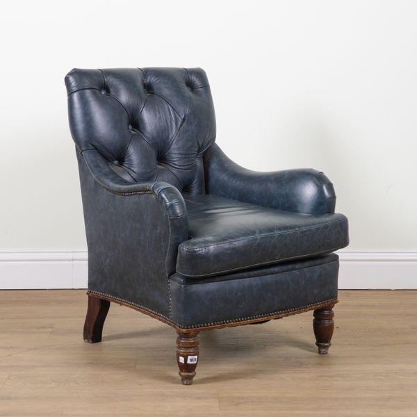 A VICTORIAN STYLE FAUX LEATHER UPHOLSTERED LOW ARMCHAIR