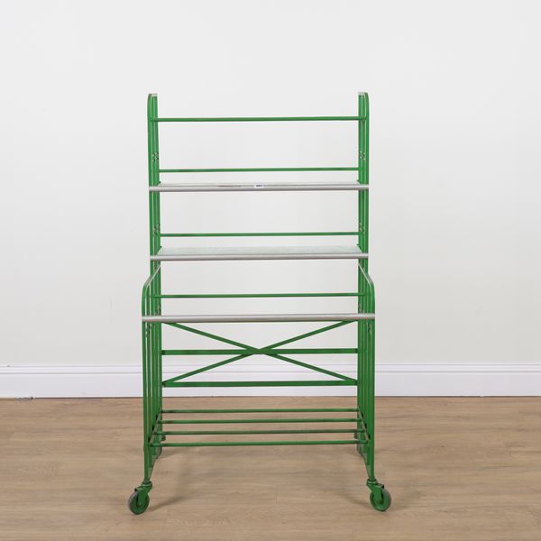 A MID 20TH CENTURY GREEN PAINTED METAL AND GLASS FIVE TIER PLANT STAND