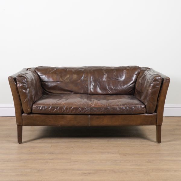 JOHN LEWIS; A BROWN LEATHER UPHOLSTERED TWO SEAT SOFA