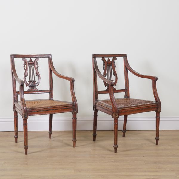 A PAIR OF 19TH CENTURY DUTCH FRUITWOOD LYRE BACK OPEN ARMCHAIRS (2)