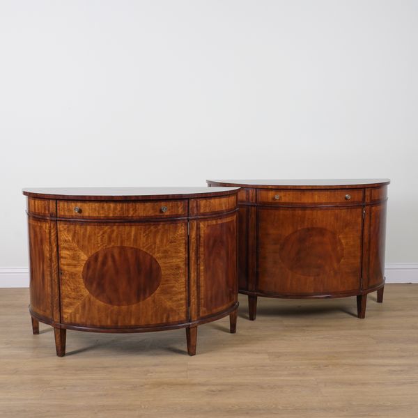 BRIGHTS OF NETTLEBED; A PAIR OF INLAID MAHOGANY DEMI-LUNE COMMODES (2)