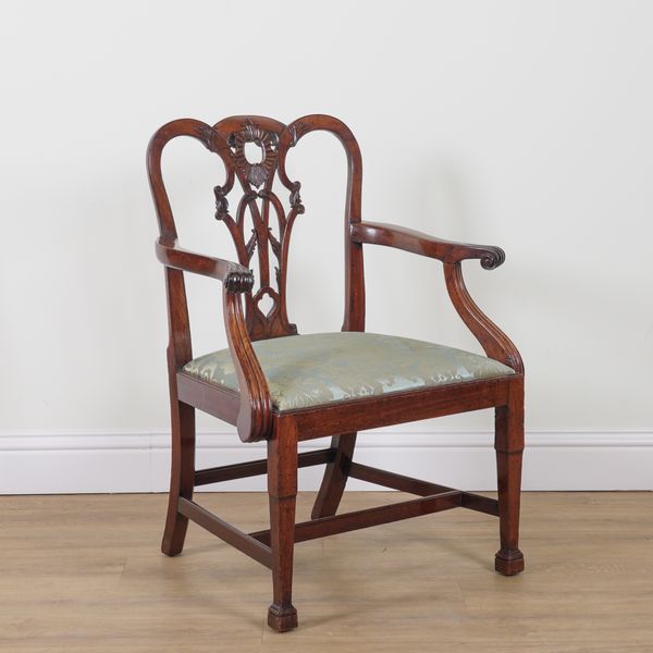 A GEORGE III MAHOGANY FRAMED OPEN ARMCHAIR