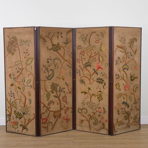 AN EARLY 20TH CENTURY MAHOGANY FRAMED FLOORSTANDING FOUR FOLD SCREEN