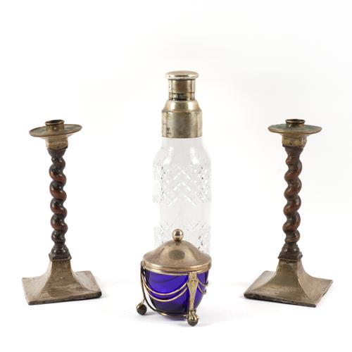 A PAIR OF SILVER MOUNTED OAK CANDLESTICKS AND TWO FURTHER ITEMS (4)