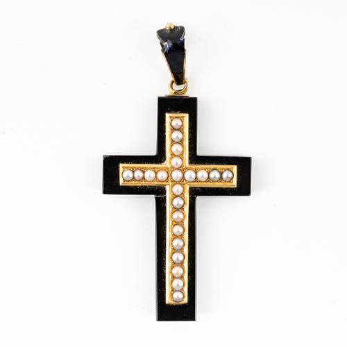 A VICTORIAN GOLD, SEED PEARL AND BLACK ONYX PENDANT CROSS