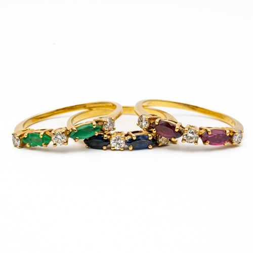 THREE GOLD, DIAMOND AND COLOURED GEMSTONE STACKING RINGS (3)