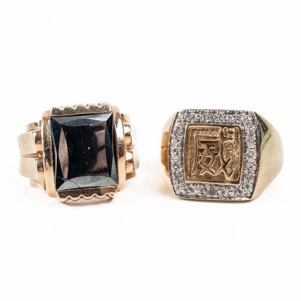 A 9CT GOLD AND DIAMOND RING AND A GOLD AND HAEMATITE SIGNET RING (2)