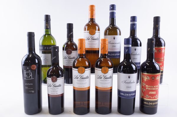 EIGHT BOTTLES SHERRY, THREE MANZANILLA AND ONE RIOJA