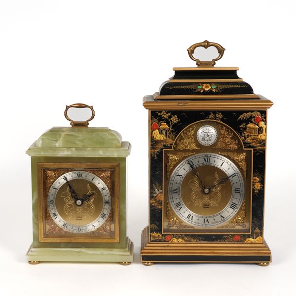 ELLIOT OF LONDON:  A QUEEN ANNE STYLE LACQUERED CLOCK AND ANOTHER ONYX EXAMPLE (2)