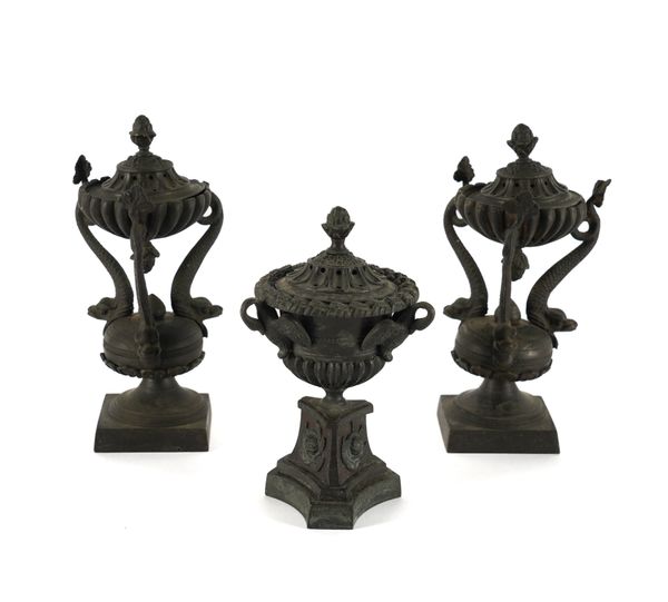 A PAIR OF REGENCY BRONZE INCENSE BURNS AND ANOTHER (3)