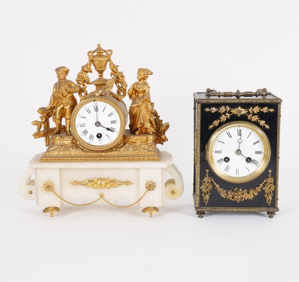 FRENCH LOUIS XVI STYLE GILT-METAL MOUNTED EBONISED MANTEL CLOCK AND ANOTHER (2)