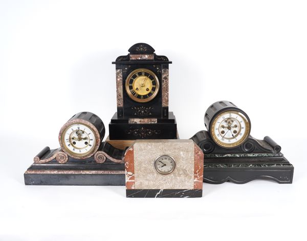 A FRENCH BLACK SLATE AND MANTEL CLOCK AND THREE OTHERS (4)