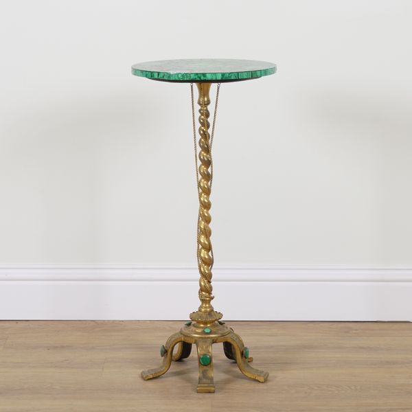 A LATE 19TH CENTURY GILT METAL CIRCULAR MALACHITE TOPPED OCCASIONAL TABLE