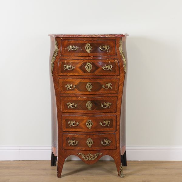 A LOUIS XV STYLE MARBLE TOPPED ROSEWOOD SIX DRAWER TALLBOY