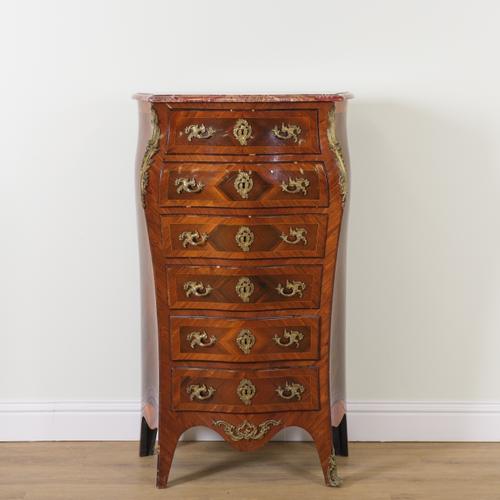 A LOUIS XV STYLE MARBLE TOPPED ROSEWOOD SIX DRAWER TALLBOY