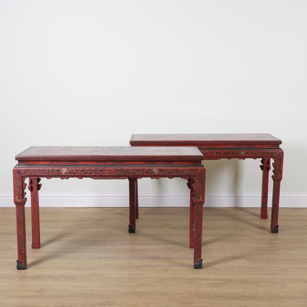 A PAIR OF 20TH CENTURY RED LACQUER FREESTANDING ALTAR TABLES (2)