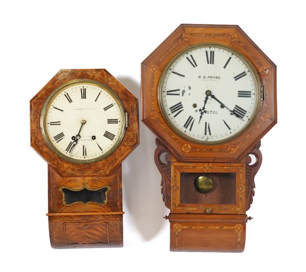 A WALNUT INLAID DROP DIAL CLOCK AND ANOTHER (2)