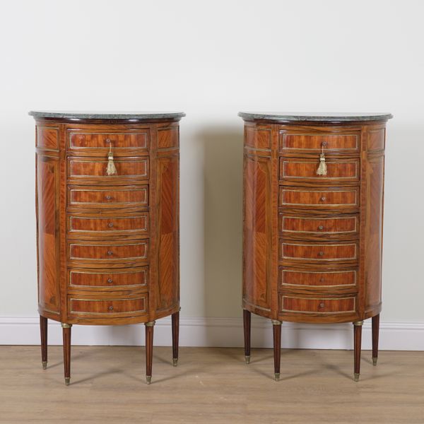 A PAIR OF LOUIS XVI STYLE MARBLE TOPPED DEMI-LUME TALL COMMODES (2)