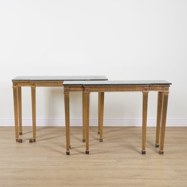 A PAIR OF MID 18TH CENTURY STYLE MARBLE TOPPED BREAKFRONT CONSOLE TABLES (2)