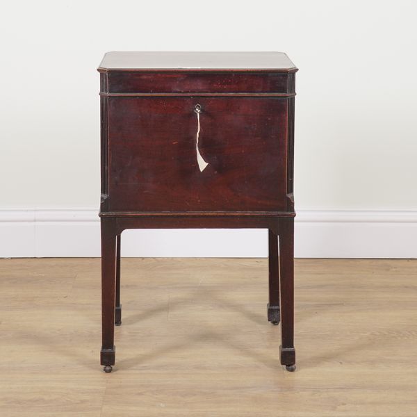 A GEORGE III MAHOGANY CANTED RECTANGULAR CELLARETTE ON STAND