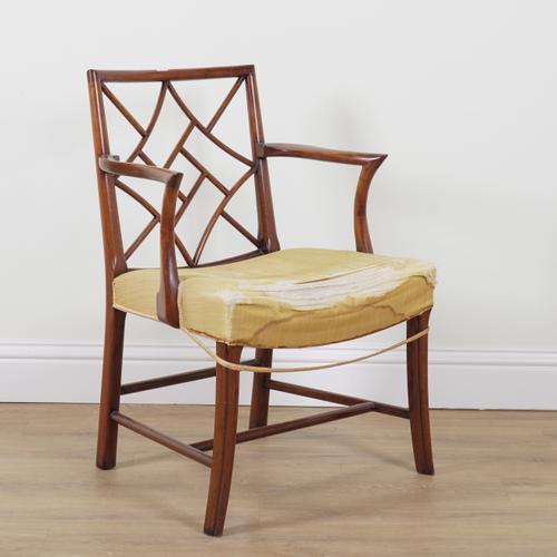 AN 18TH CENTURY STYLE MAHOGANY COCKPEN BACK OPEN ARMCHAIR