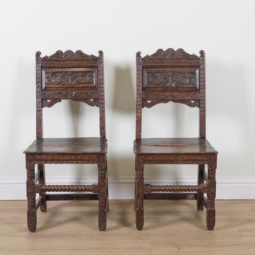 A PAIR OF CHARLES II AND LATER OAK SIDE CHAIRS (2)