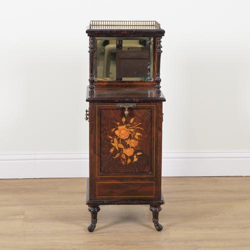 A LATE 19TH CENTURY INLAID ROSEWOOD MIRROR BACK COAL PADONIUM