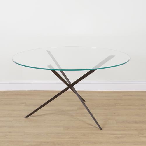TOM FAULKNER; A MODERN CIRCULAR GLASS TOP KITCHEN TABLE