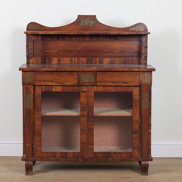 A REGENCY BRASS INLAID ROSEWOOD SHELF BACK CHIFFONIER