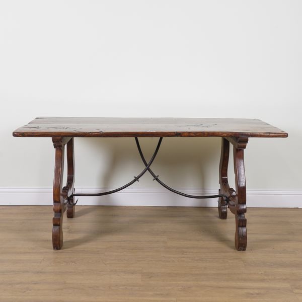 A SPANISH ELM TWIN PLANK REFECTORY TABLE