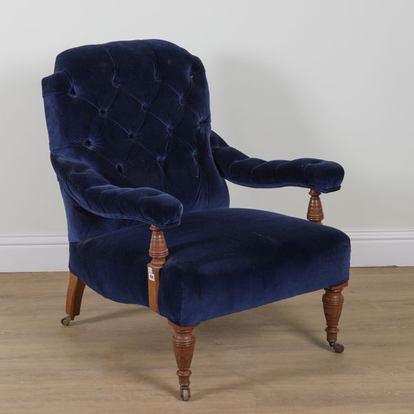 A VICTORIAN AND LATER DARK BLUE UPHOLSTERED EASY ARMCHAIR