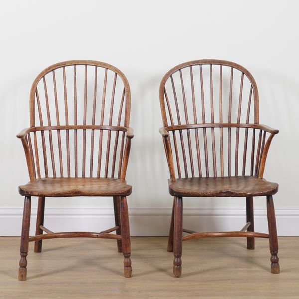 A PAIR OF 19TH CENTURY ASH AND ELM STICK BACK WINDSOR ARMCHAIRS (2)