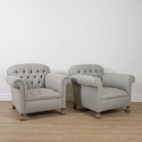 A PAIR OF GREY UPHOLSTERED CLUB ARMCHAIRS (2)