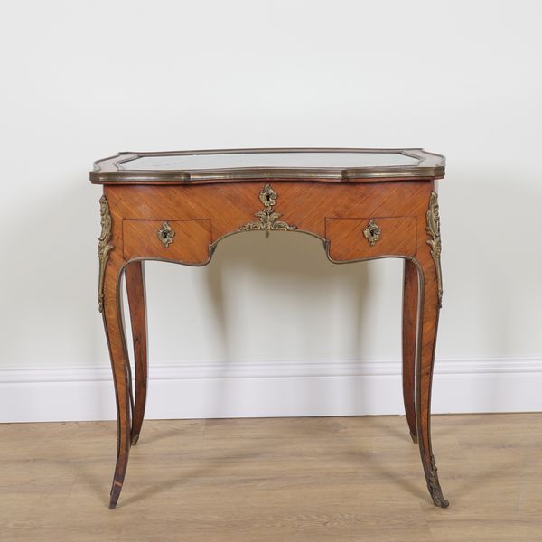 A LATE 19TH CENTURY FRENCH GILT METAL MOUNTED KINGWOOD BIJOUTERIE TABLE