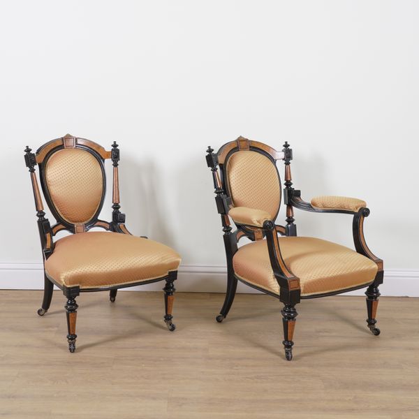 A PAIR OF VICTORIAN LADY'S AND GENT'S GILT METAL MOUNTED EBONISED AND WALNUT CHAIRS (2)