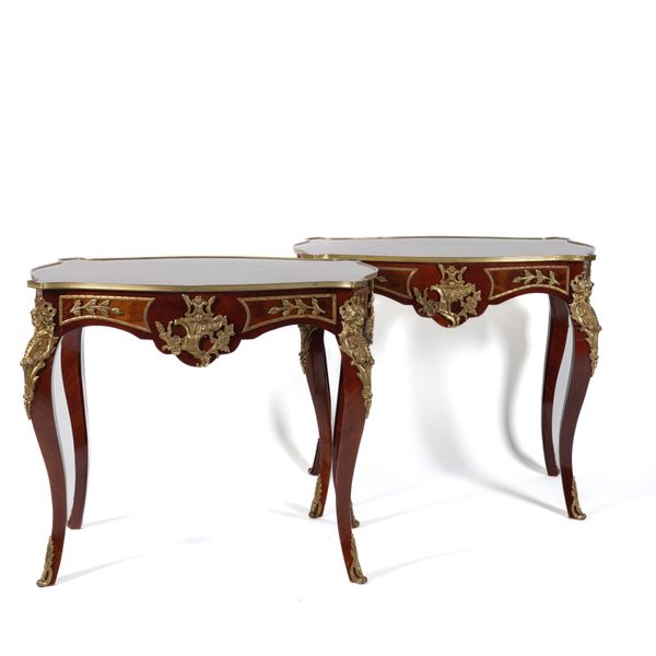 A PAIR OF GILT METAL MOUNTED INLAID MAHOGANY OCCASIONAL TABLES (2)