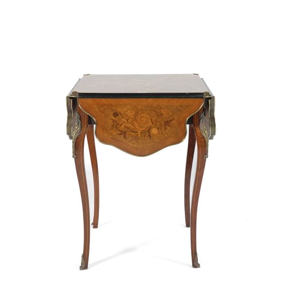 A GILT METAL MOUNTED MARQUETRY INLAID MAHOGANY FOUR SIDED DROP-FLAP TABLE