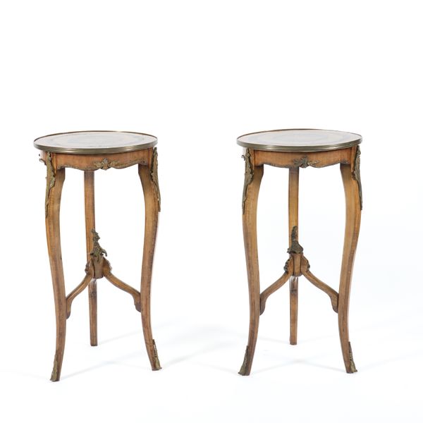 A PAIR OF GILT METAL MOUNTED INLAID MAHOGANY CIRCULAR OCCASIONAL TABLES (2)