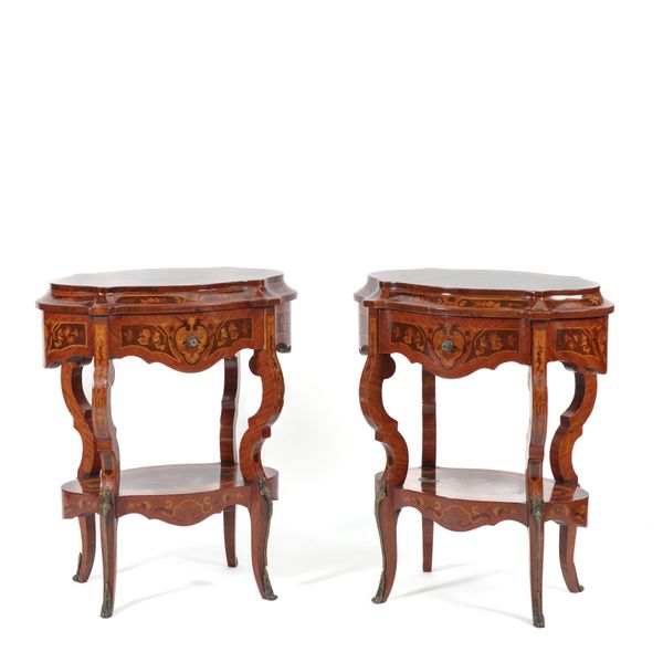 A PAIR OF  MARQUETRY INLAID SHAPED TWO TIER OCCASIONAL TABLES (2)