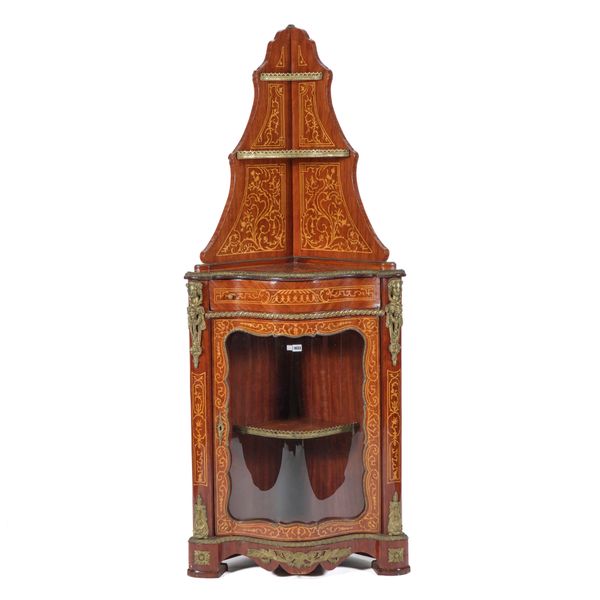 A GILT METAL MOUNTED MARQUETRY INLAID KINGWOOD CORNER CABINET